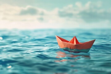 Fototapeta premium Paper Ocean. Toy Paper Boat on Calm Water, Illustration of Origami Ship Concept