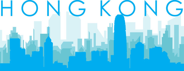 Obraz premium Blue panoramic city skyline poster with bluish misty transparent background buildings of HONG KONG
