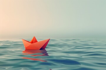 Obraz premium Paper Ocean. Toy Paper Ship Sailing Calm Waters in 3D Concept Illustration