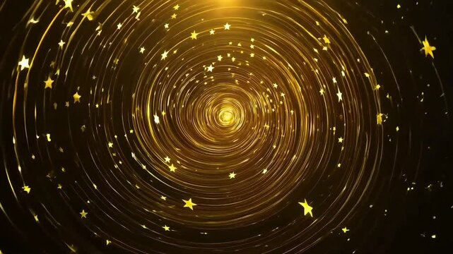 Golden stars cascade in a spinning motion, creating a mesmerizing starfall effect against a black background. The glowing golden stars stand out, adding a festive and luxurious Christmas atmosphere