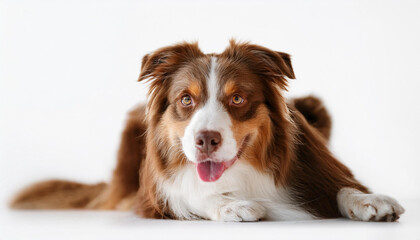 A photo of a dog lying down with simple white background, Australian Shepherd dog portrait.