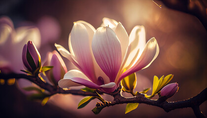 Beautiful blooming magnolia flower on branch, spring fresh air morning after rain. Natural sunlight bokeh. Generative AI