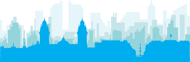 Fototapeta premium Blue panoramic city skyline poster with bluish misty transparent background buildings of LIMA, PERU
