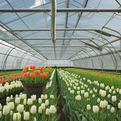 Rows of vibrant tulips in various colors, neatly arranged in the greenhouse.