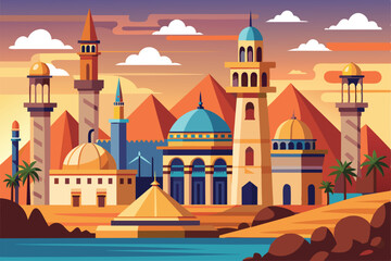 Cairo's iconic landmarks rise against a colorful sunset, showcasing beautiful architecture and surrounding desert features.