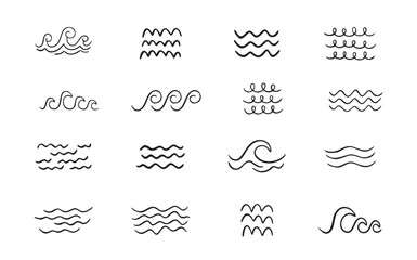 Doodle sea wave icons. Sea hand drawn storm scribble icons set, simple wavy lines. Ocean water flow curve sketch. Aqua doodle symbols. isolated on white background.