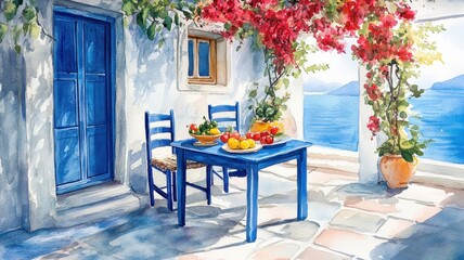 Watercolor of Traditional greek Santorini house with bougainvillea flowers,Greece islands blue white traditional cafe restaurant architecture,Santorini blue door window,Mediterranean scene.