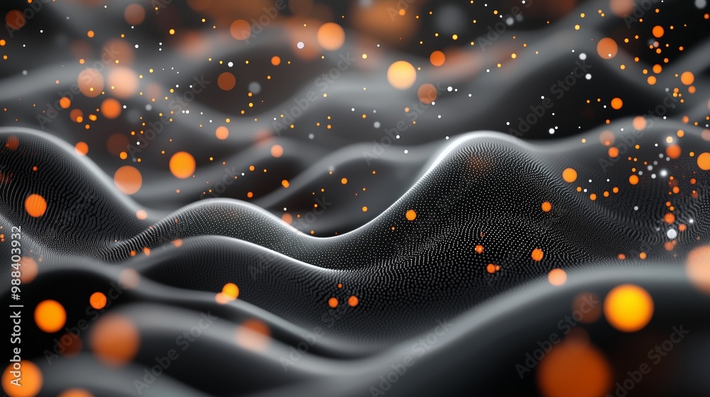 Poster dynamic wave patterns with glowing orange particles against a dark background creating a mesmerizing