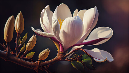 Magnolia tree blossom, spring fresh morning decorative illustration. Springtime liliiflora heaven scent. Generative AI