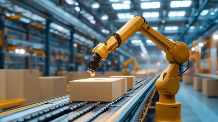 Robotic arm inspecting a product on a factory conveyor belt, automated quality control, advanced manufacturing digital technology AI instead of humans blue tone