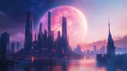 Obraz premium Futuristic Cityscape with Towering Skyscrapers and Glowing Moon