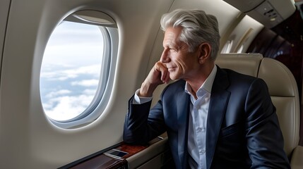 A rich, mature billionaire man sitting on a seat in his private jet. He is wearing a suit and has salt-and-pepper hair. He is looking through the plane window.