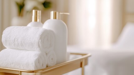 Elegant Hotel Bathroom with Neatly Arranged Towels and Toiletry Products for a Relaxing Spa Like