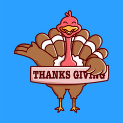 a brown chicken turkey holding thanksgiving sign Vector Illustration Icon. Flat Cartoon Style