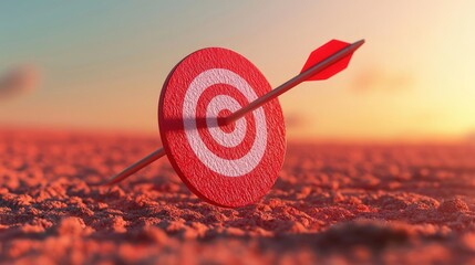 A close-up of a target with an arrow embedded in it, symbolizing focus and goal achievement against a vibrant sunset.