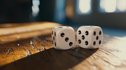 Close-up of two dice resting on a wooden table, showcasing intricate details and soft lighting, perfect for games and luck themes. - Powered by Adobe