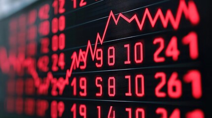 A close-up view of a stock market display showing a declining trend in red, symbolizing market volatility and economic uncertainty.