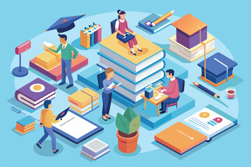 Students are shown studying with books and stationery, highlighting diverse exam preparation activities in a vibrant, engaging educational setting.