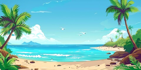 Obraz premium Tropical Beach With Palm Trees And Seagulls