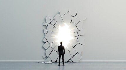 Person standing in front of a wall breaking apart to reveal bright light, symbolizing a mental breakthrough