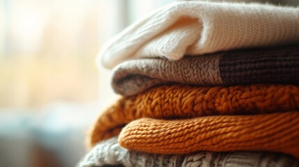 Cozy sweaters stacked neatly by the window, basking in soft sunlight on a chilly afternoon.