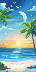 Obraz premium Tropical Sunset Beach Landscape With Palm Trees