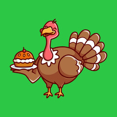 brown chicken turkey holding a pie Vector Illustration Icon. Flat Cartoon Style