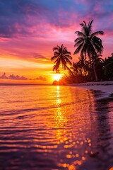 A vibrant sunset casts colorful reflections on the water, with silhouetted palm trees framing the serene beach scene.