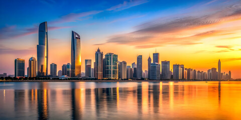 Fototapeta premium Abu Dhabi's stunning skyline glowing in the sunset golden hour , Abu Dhabi, skyline, sunset, cityscape