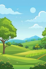 Fototapeta premium Green Hills Meadow Landscape Illustration