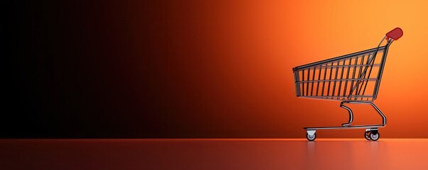 A minimalist shopping cart on a gradient background of orange and black, symbolizing retail and consumerism.