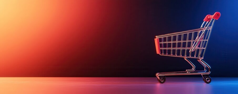 A modern shopping cart on a brightly lit surface with blue and orange hues, symbolizing retail and consumerism.