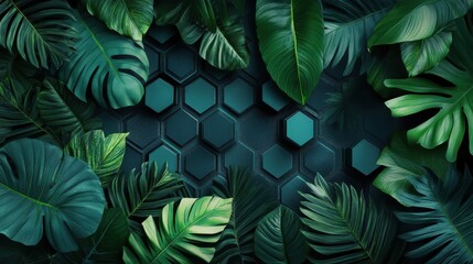 Lush Green Foliage and Hexagon Geometric Background