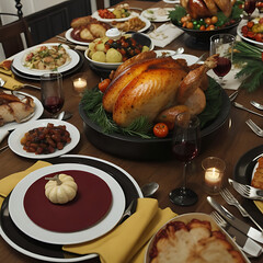 Roasted turkey with stuffing, gravy, and cranberry sauce.