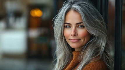 Obraz premium portrait of beautiful woman with gray hair using speakerphone to make call