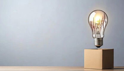 A light bulb filled with stock charts emerging from a box, illustrating the fusion of creative ideas and market intelligence