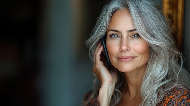 portrait of beautiful woman with gray hair using speakerphone to make call - Powered by Adobe
