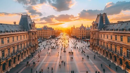 Obraz premium Paris France Aerial View of Tourists and Buildings at Sunset