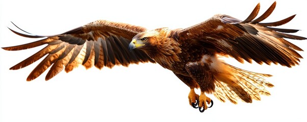 Obraz premium A detailed close-up photo of a majestic golden eagle in flight, with its piercing gaze and magnificent wingspan, hyper-realistic, 4k