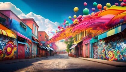Obraz premium A vibrant street scene with colorful murals and an artistic canopy of shapes, creating a lively, enchanting atmosphere.