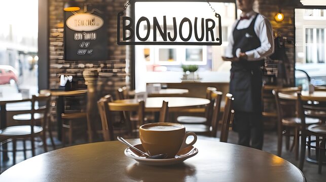 A cafe in the morning light with a coffee cup on a table. There is a sign above the table with the French word "Bonjour," which means "Hello." There is also a waiter standing near the table. - Powered by Adobe