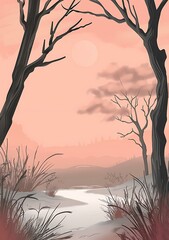Winter Landscape With Pink Sunset