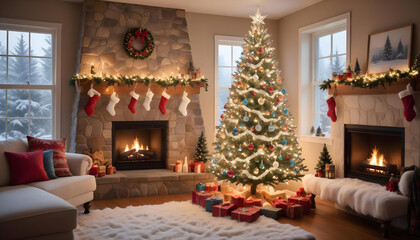 Obraz premium christmas fireplace with christmas decorations