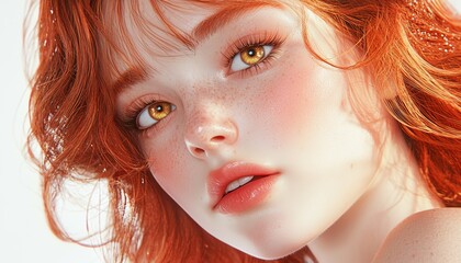 A highly detailed portrait of a woman with golden eyes and flowing red hair, rendered in hyper-realistic 8K