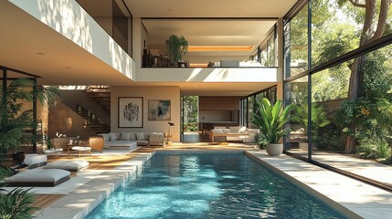 Modern home interior with a pool and lush greenery.