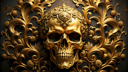 Naklejka premium Golden gothic baroque floral ornate skull in render, gothic, baroque, floral, ornate, golden, skull,render, isolated,detail