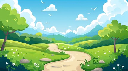 Naklejka premium Beautiful Landscape with Winding Path through Green Fields and Mountains