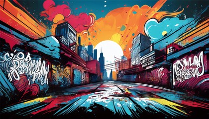 Obraz premium A vibrant urban landscape featuring graffiti art, colorful skies, and a stylized cityscape, creating a dynamic street art atmosphere.