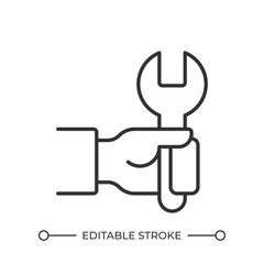 Repair service linear icon. Hand holding wrench. Maintenance and fixing. Manual labor. Technical skill. Thin line illustration. Contour symbol. Vector outline drawing. Editable stroke