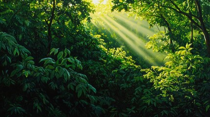 Obraz premium A hyper-realistic painting of a lush forest at dawn, with sunlight filtering through the canopy and casting ethereal shadows